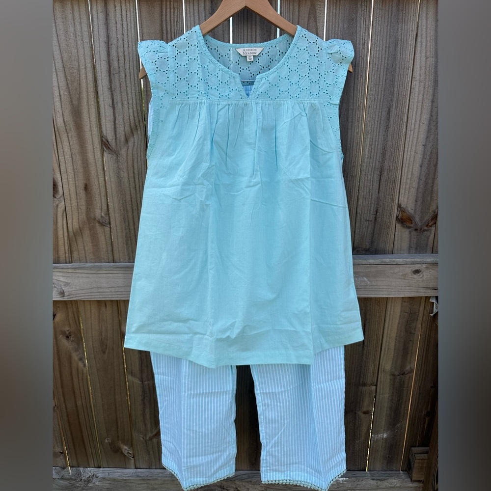 New Addison Meadow cotton aqua stripe woven flutter sleeve capri pajamas size M